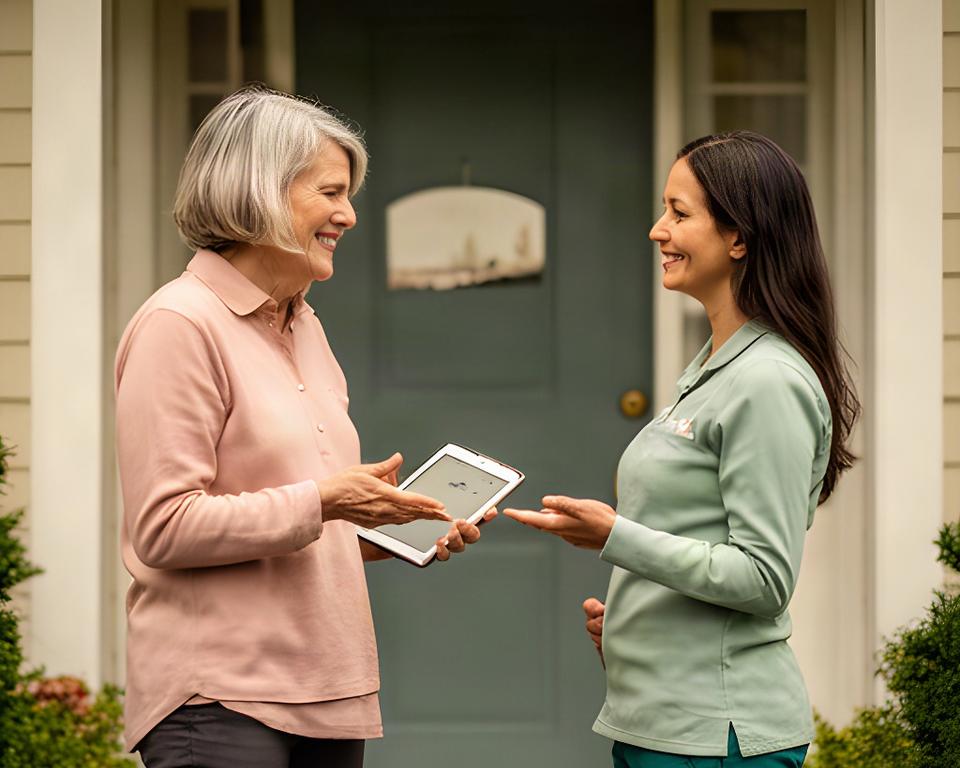 Cleaning professional speaking with a homeowner at a well-kept front doorway in Colchester