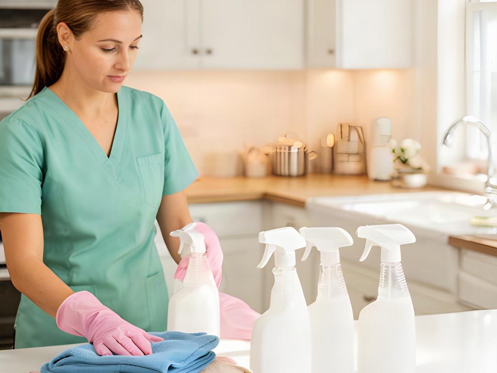 Cleaning professional arranging supplies beside a bright Colchester residential kitchen