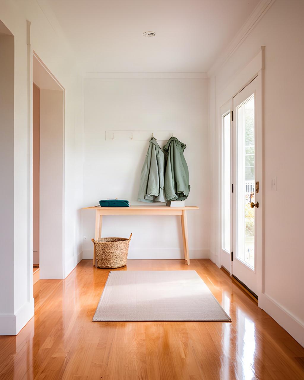 Clean and welcoming home entryway in Colchester, Vermont with polished floor and natural light