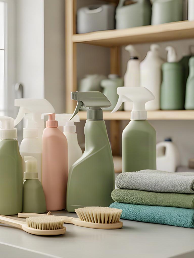 Organised professional cleaning supplies beside folded cloths in a well-lit utility room