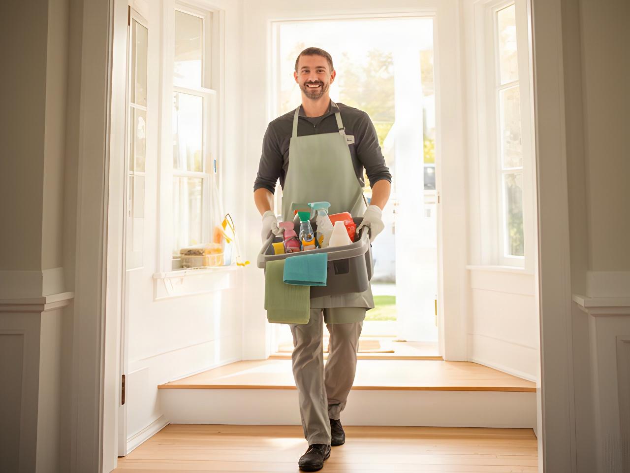 Cleaning professional preparing supplies beside a bright Colchester home kitchen